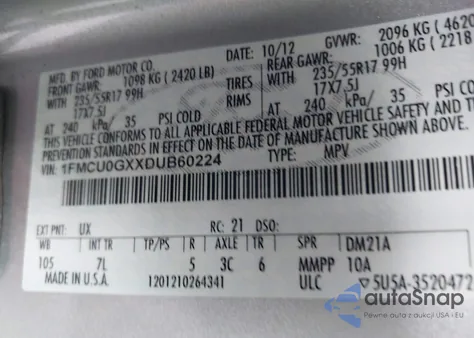 2013 Ford Escape Se из США, поврежденный, VIN 1FMCU0GXXDUB60224